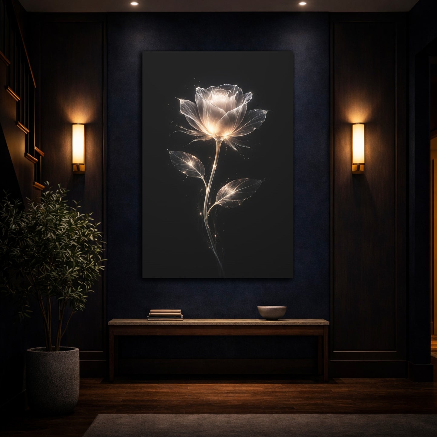Mockup 4. Floral Glowing Rose Luminous Rose shown as stretched canvas wall art