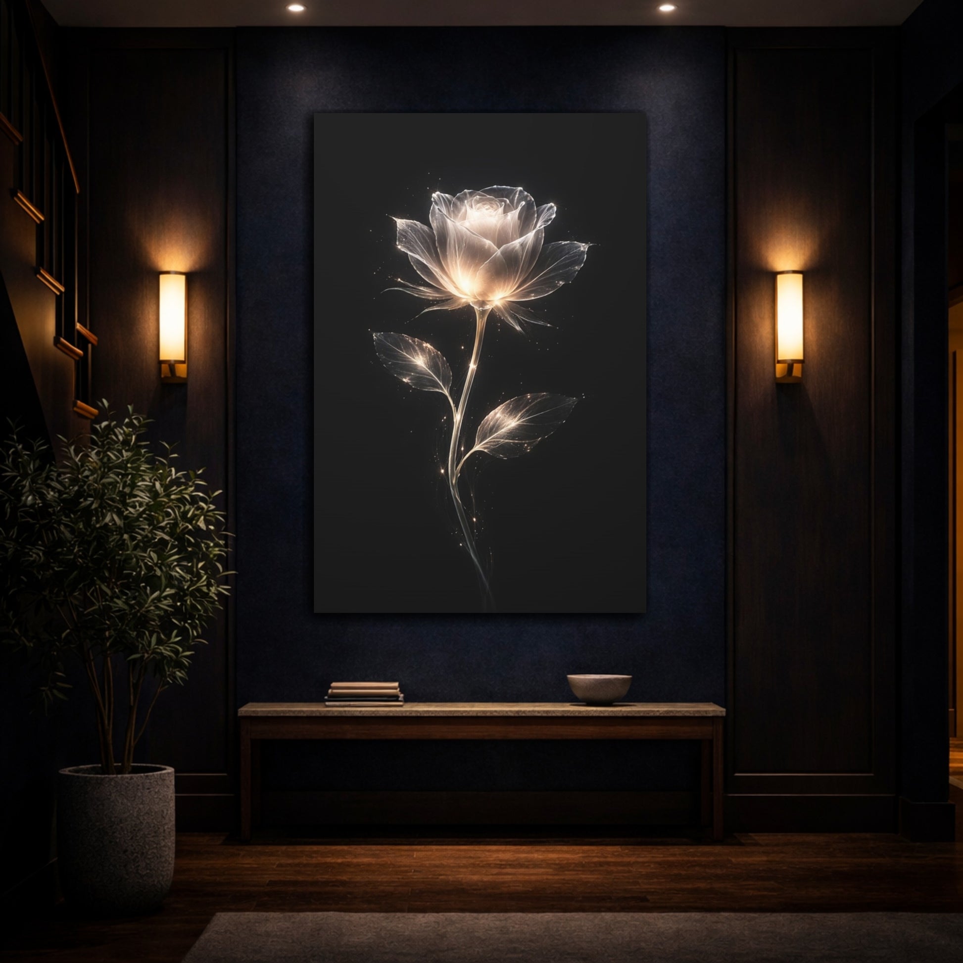 Mockup 4. Floral Glowing Rose Luminous Rose shown as stretched canvas wall art