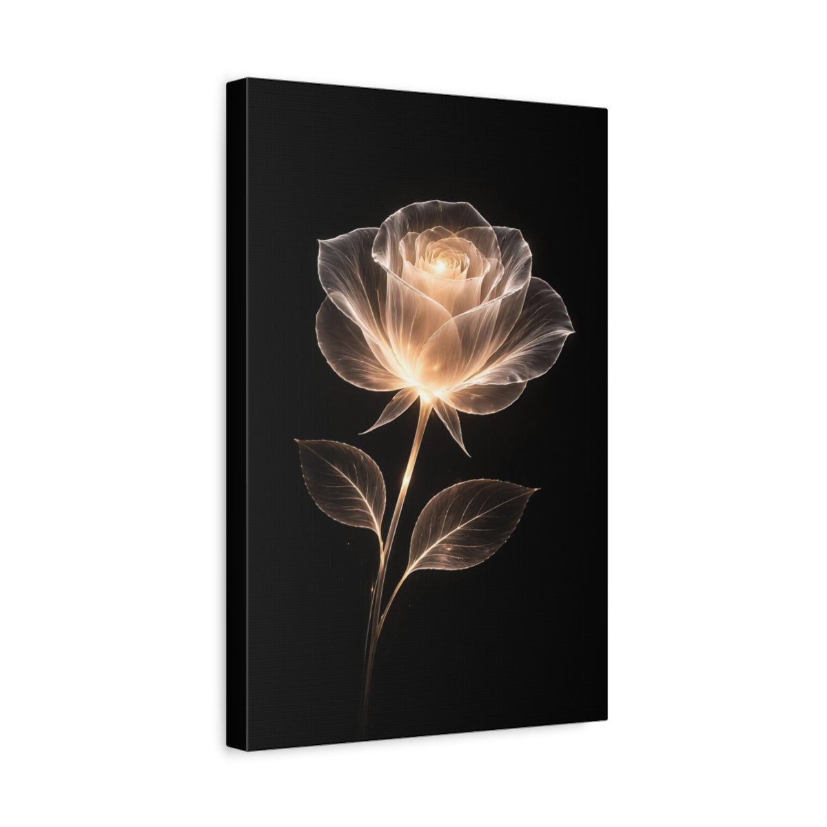 Side Mockup 4. Floral Glowing Rose White Gold Black shown as stretched canvas wall art