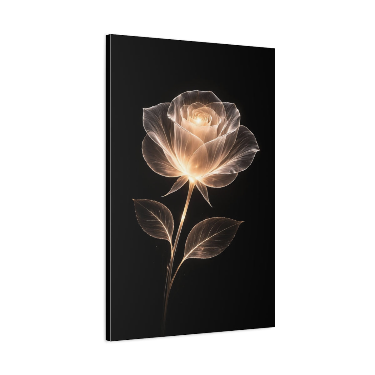 Side Mockup 1. Floral Glowing Rose White Gold Black shown as stretched canvas wall art