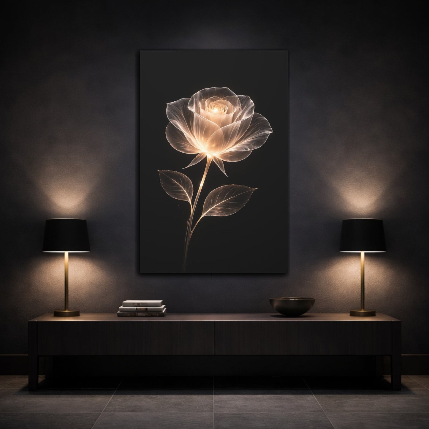 Mockup 2. Floral Glowing Rose White Gold Black shown as stretched canvas wall art