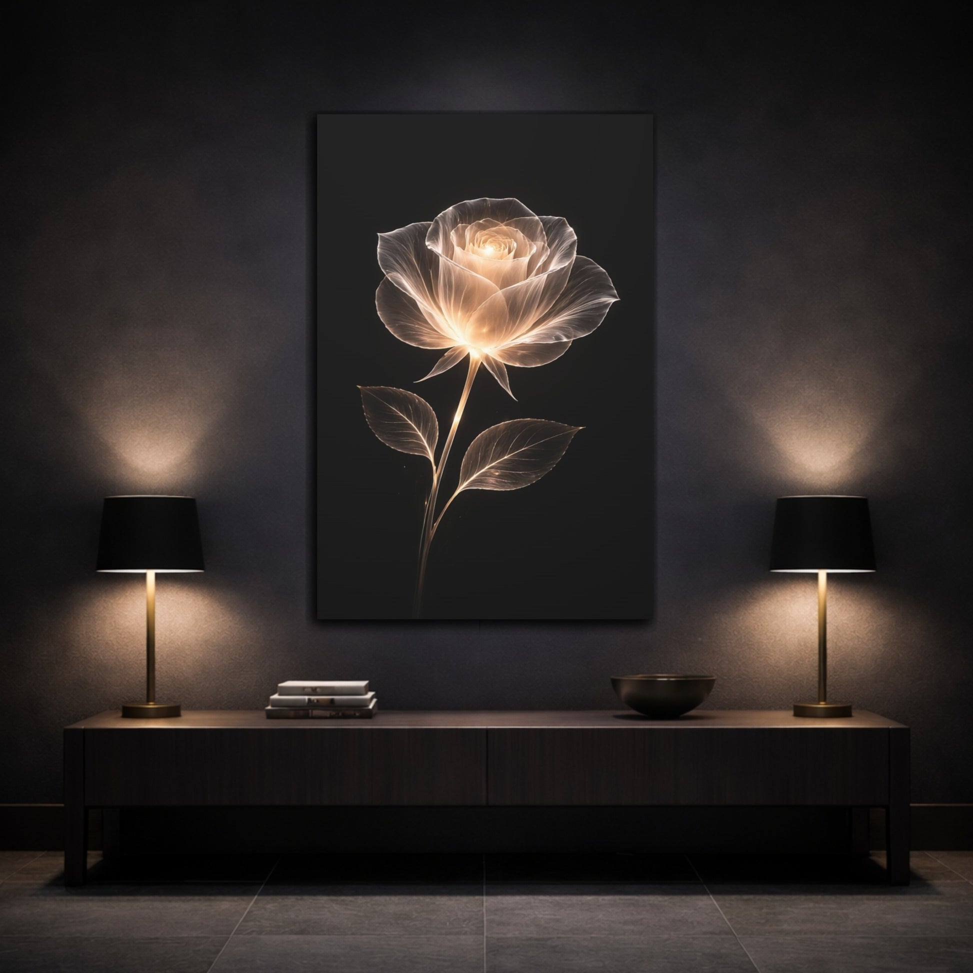 Mockup 2. Floral Glowing Rose White Gold Black shown as stretched canvas wall art