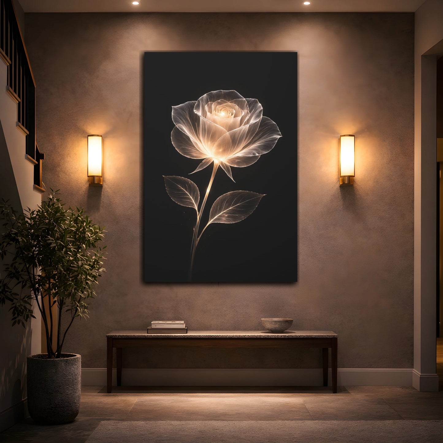 Mockup 3. Floral Glowing Rose White Gold Black shown as stretched canvas wall art
