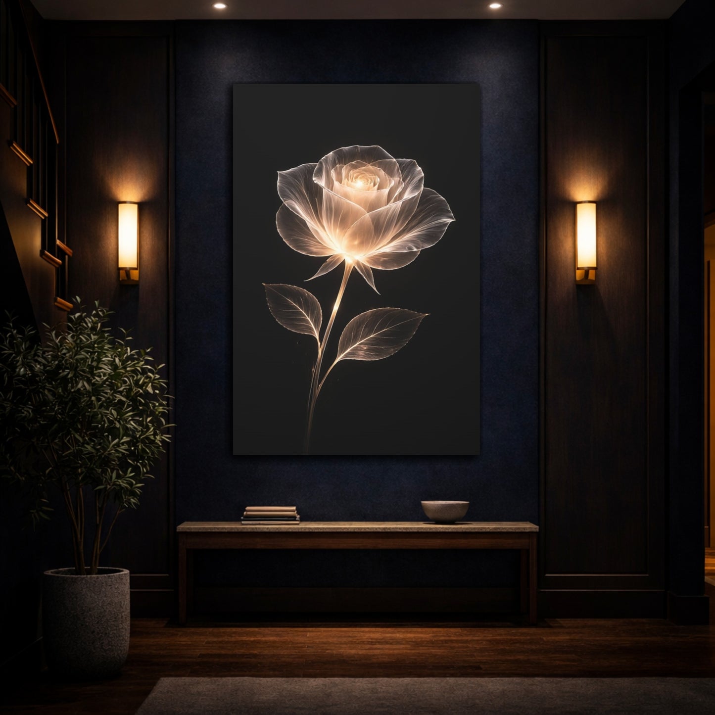 Mockup 4. Floral Glowing Rose White Gold Black shown as stretched canvas wall art