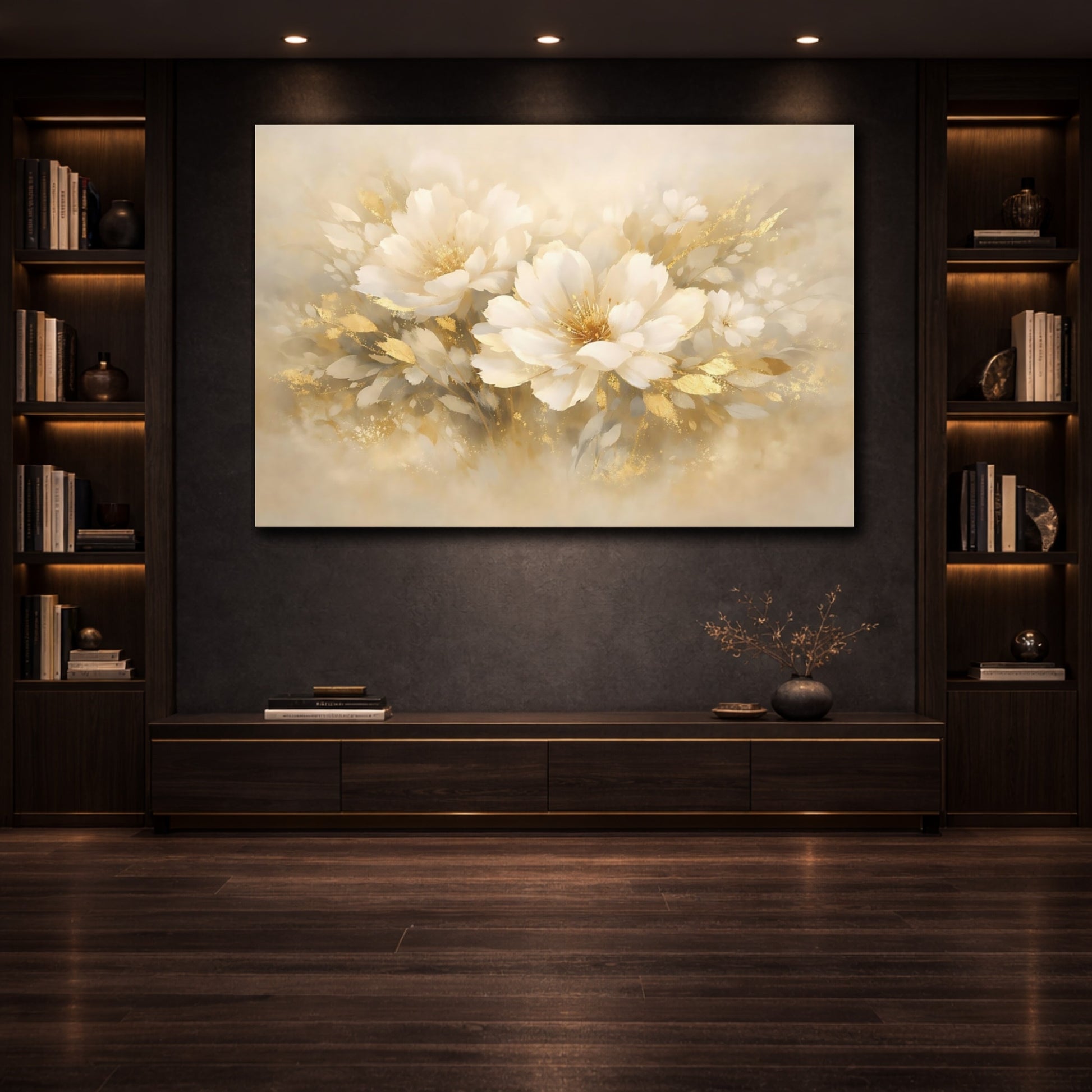 Mockup 2. Floral Gold Abstract shown as stretched canvas wall art