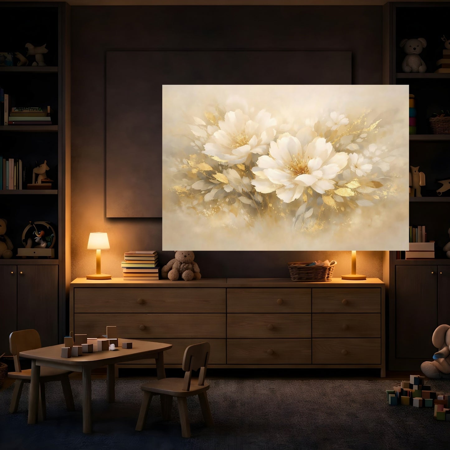 Mockup 3. Floral Gold Abstract shown as stretched canvas wall art