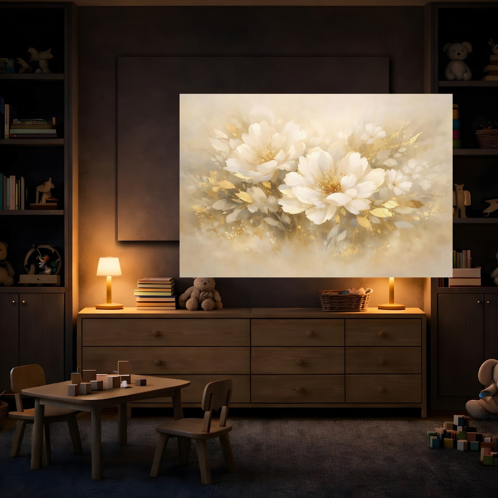Mockup 3. Floral Gold Abstract shown as stretched canvas wall art