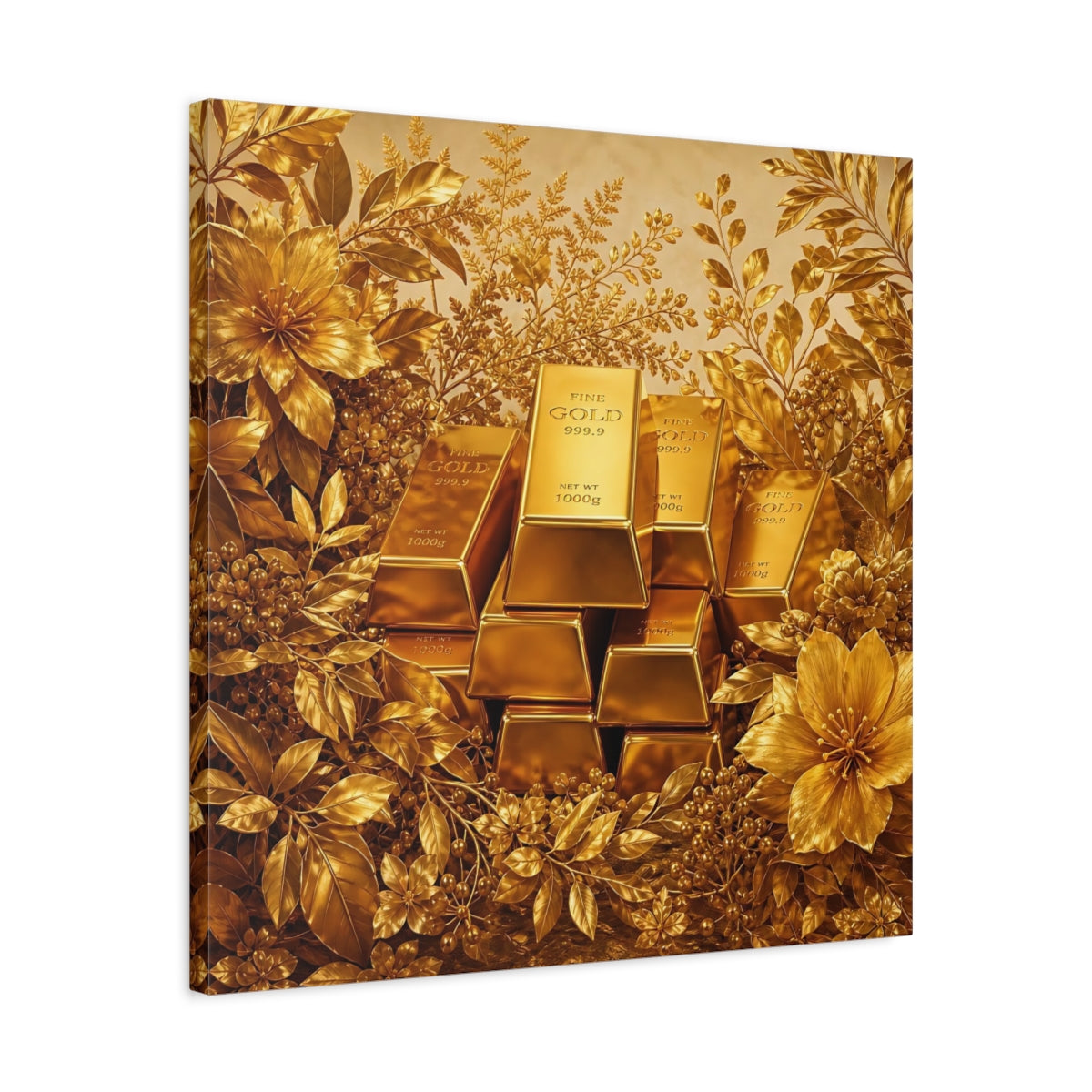 Side Mockup 4. Floral Gold Bars Golden Luxury shown as stretched canvas wall art
