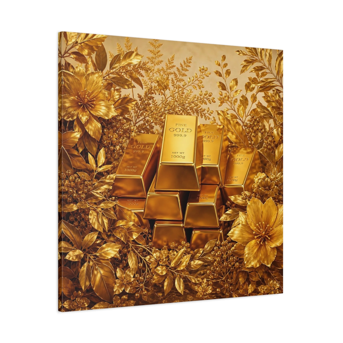 Side Mockup 1. Floral Gold Bars Golden Luxury shown as stretched canvas wall art
