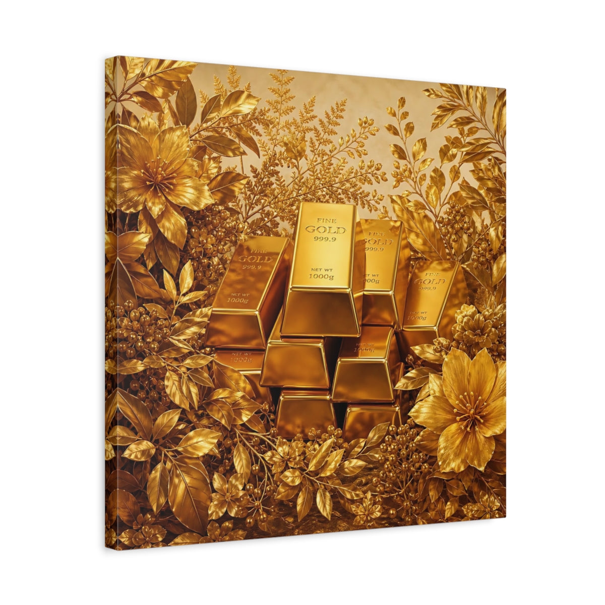 Side Mockup 5. Floral Gold Bars Golden Luxury shown as stretched canvas wall art