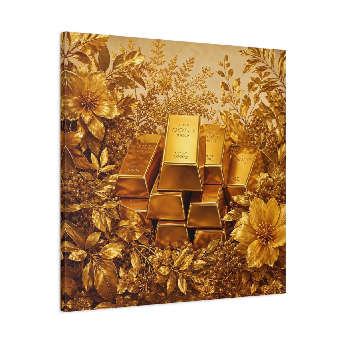 Side Mockup 3. Floral Gold Bars Golden Luxury shown as stretched canvas wall art