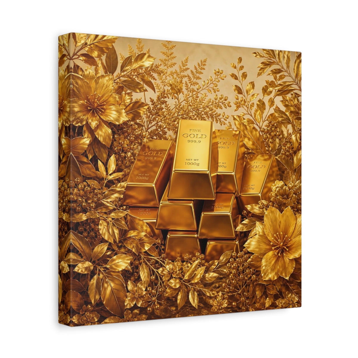 Side Mockup 8. Floral Gold Bars Golden Luxury shown as stretched canvas wall art