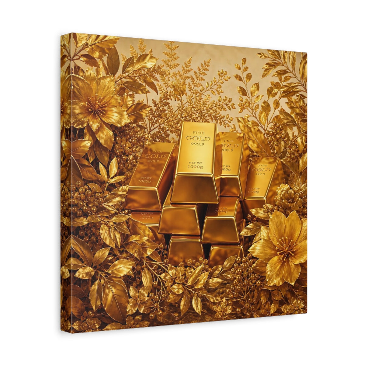 Side Mockup 7. Floral Gold Bars Golden Luxury shown as stretched canvas wall art