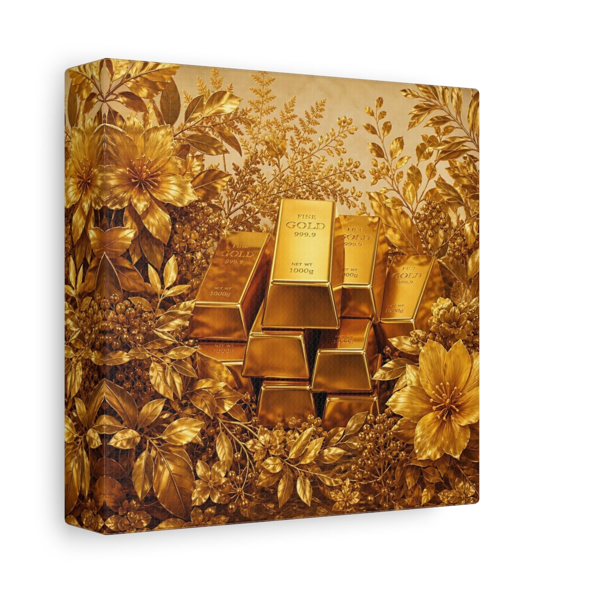 Side Mockup 2. Floral Gold Bars Golden Luxury shown as stretched canvas wall art