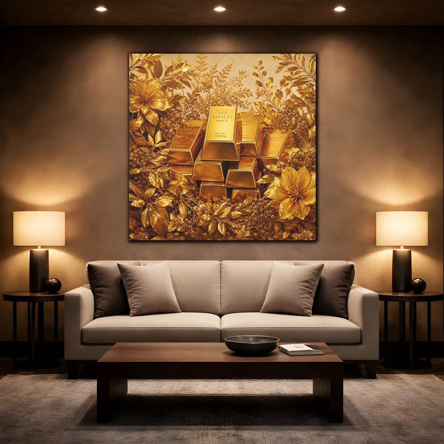 Mockup 2. Floral Gold Bars Golden Luxury shown as stretched canvas wall art
