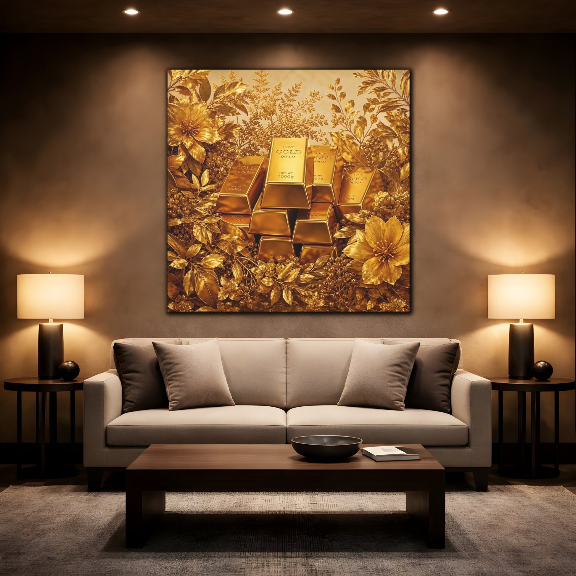 Mockup 2. Floral Gold Bars Golden Luxury shown as stretched canvas wall art
