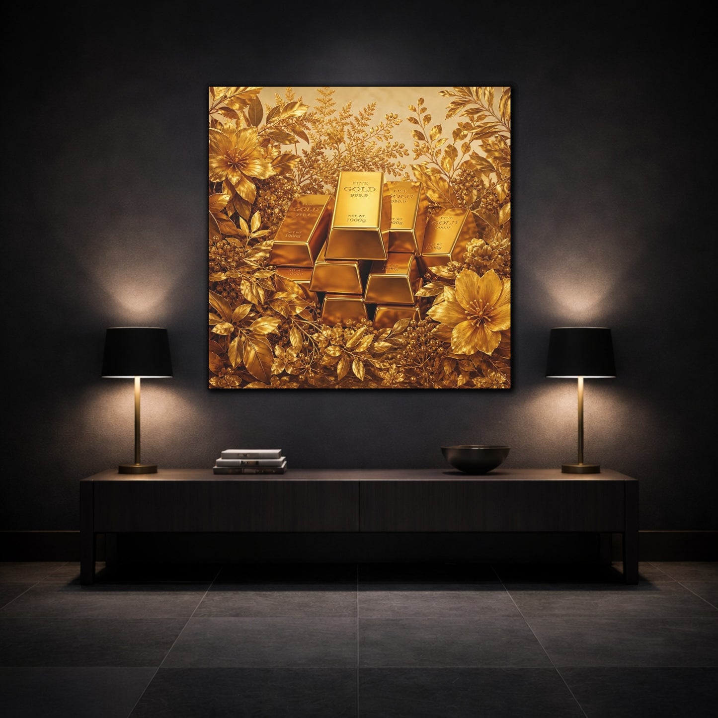 Mockup 3. Floral Gold Bars Golden Luxury shown as stretched canvas wall art