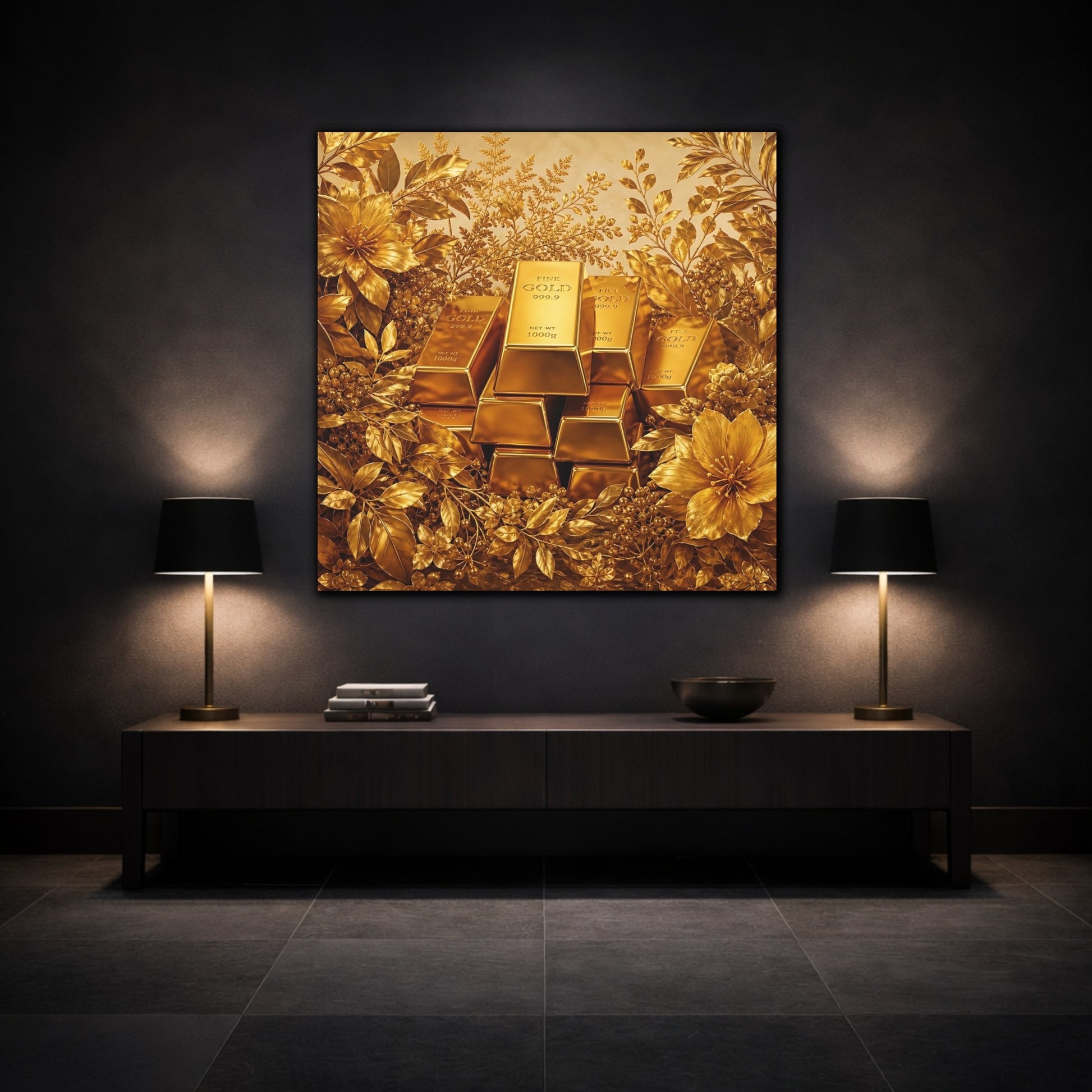 Mockup 3. Floral Gold Bars Golden Luxury shown as stretched canvas wall art