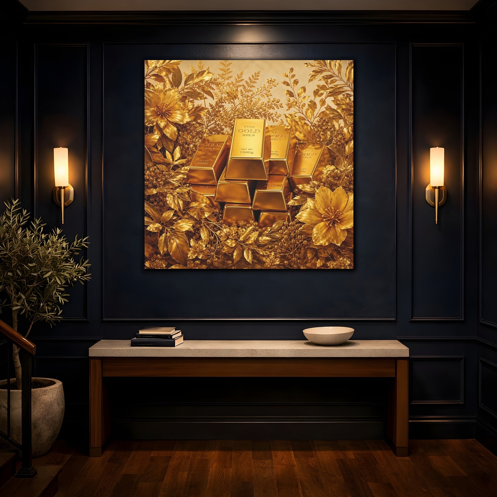 Mockup 4. Floral Gold Bars Golden Luxury shown as stretched canvas wall art