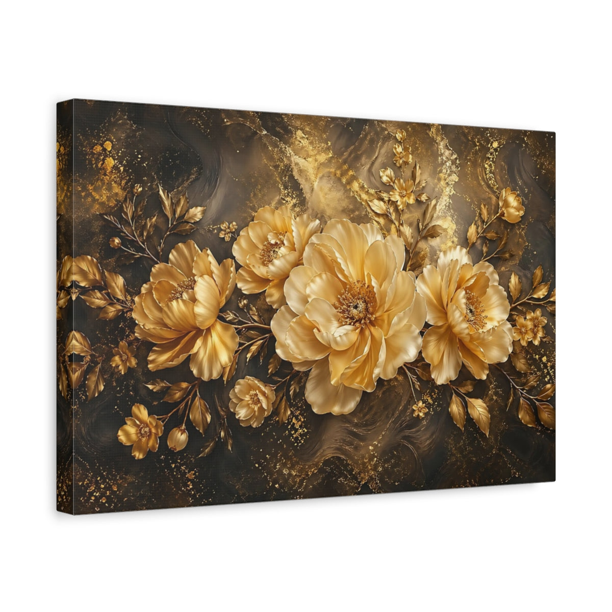 Side Mockup 4. Floral Gold Peonies Gold And Black shown as stretched canvas wall art