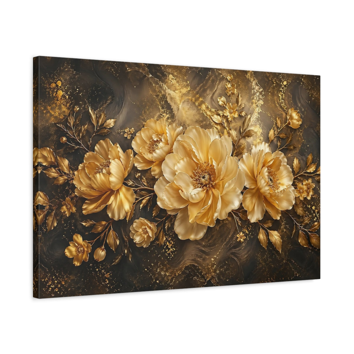 Side Mockup 2. Floral Gold Peonies Gold And Black shown as stretched canvas wall art
