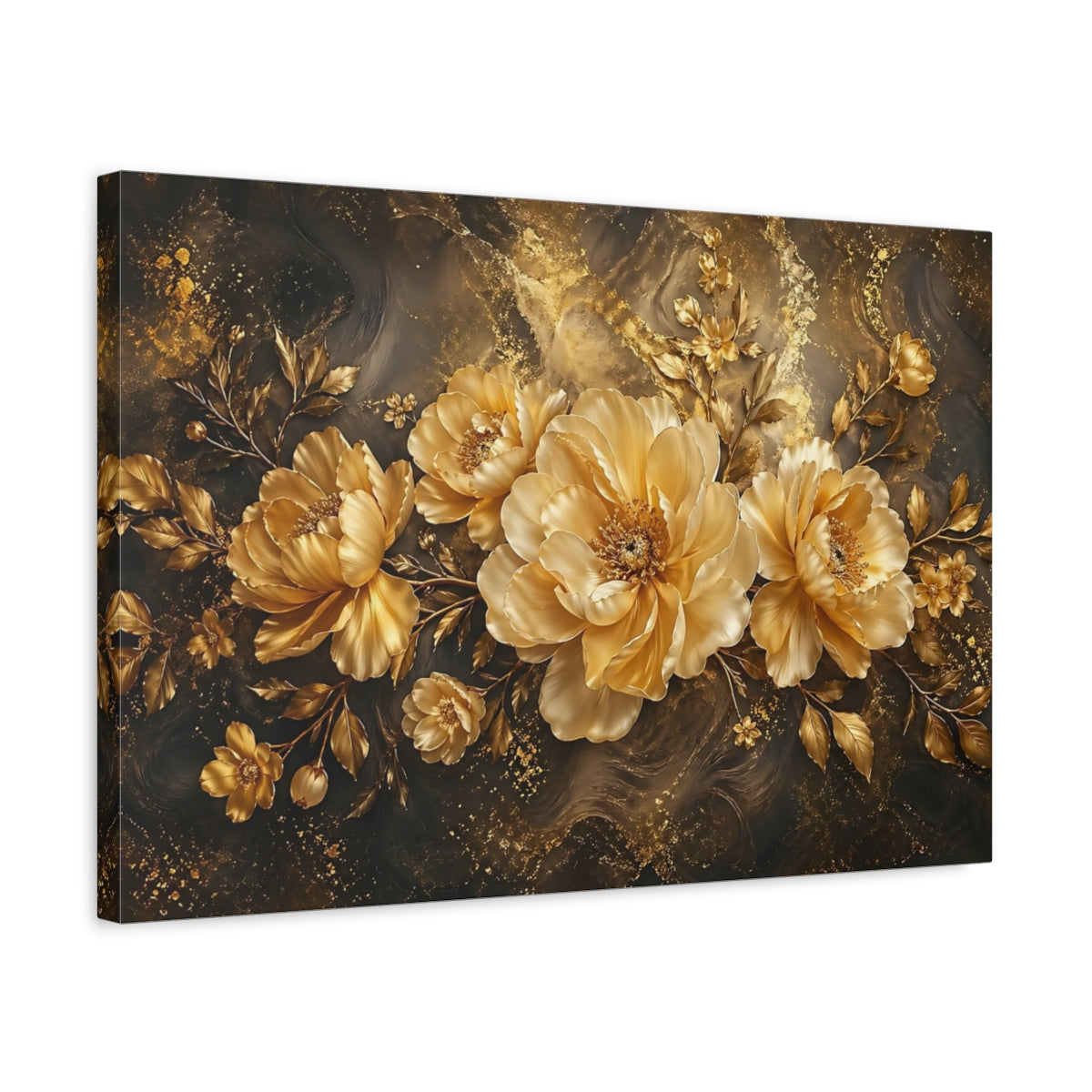 Side Mockup 3. Floral Gold Peonies Gold And Black shown as stretched canvas wall art