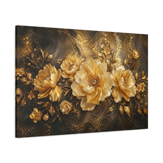 Main Mockup. Floral Gold Peonies Gold And Black shown as stretched canvas wall art