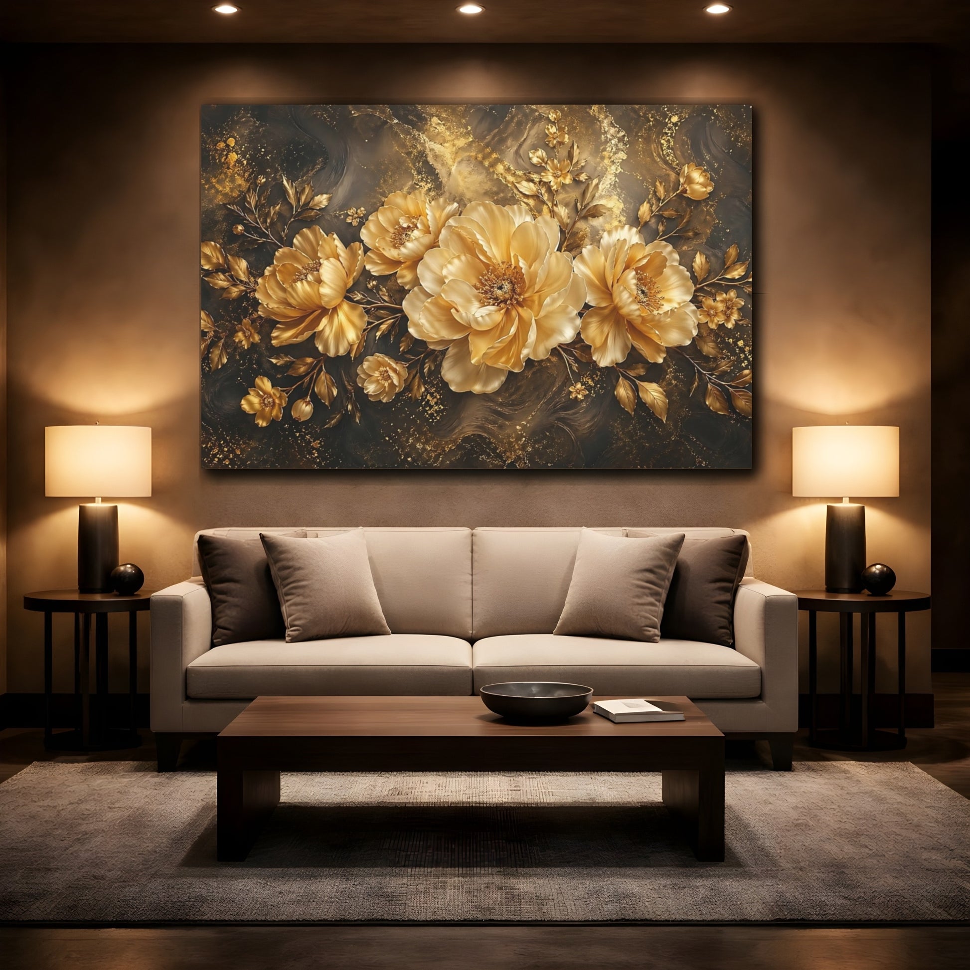 Mockup 2. Floral Gold Peonies Gold And Black shown as stretched canvas wall art