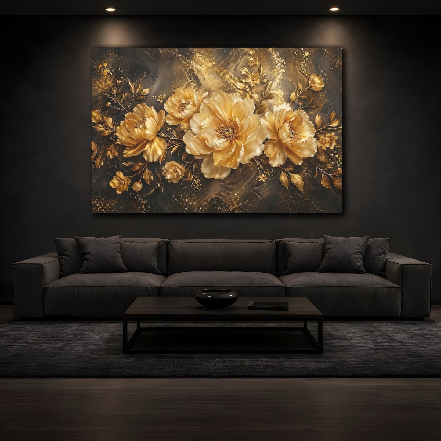 Mockup 3. Floral Gold Peonies Gold And Black shown as stretched canvas wall art