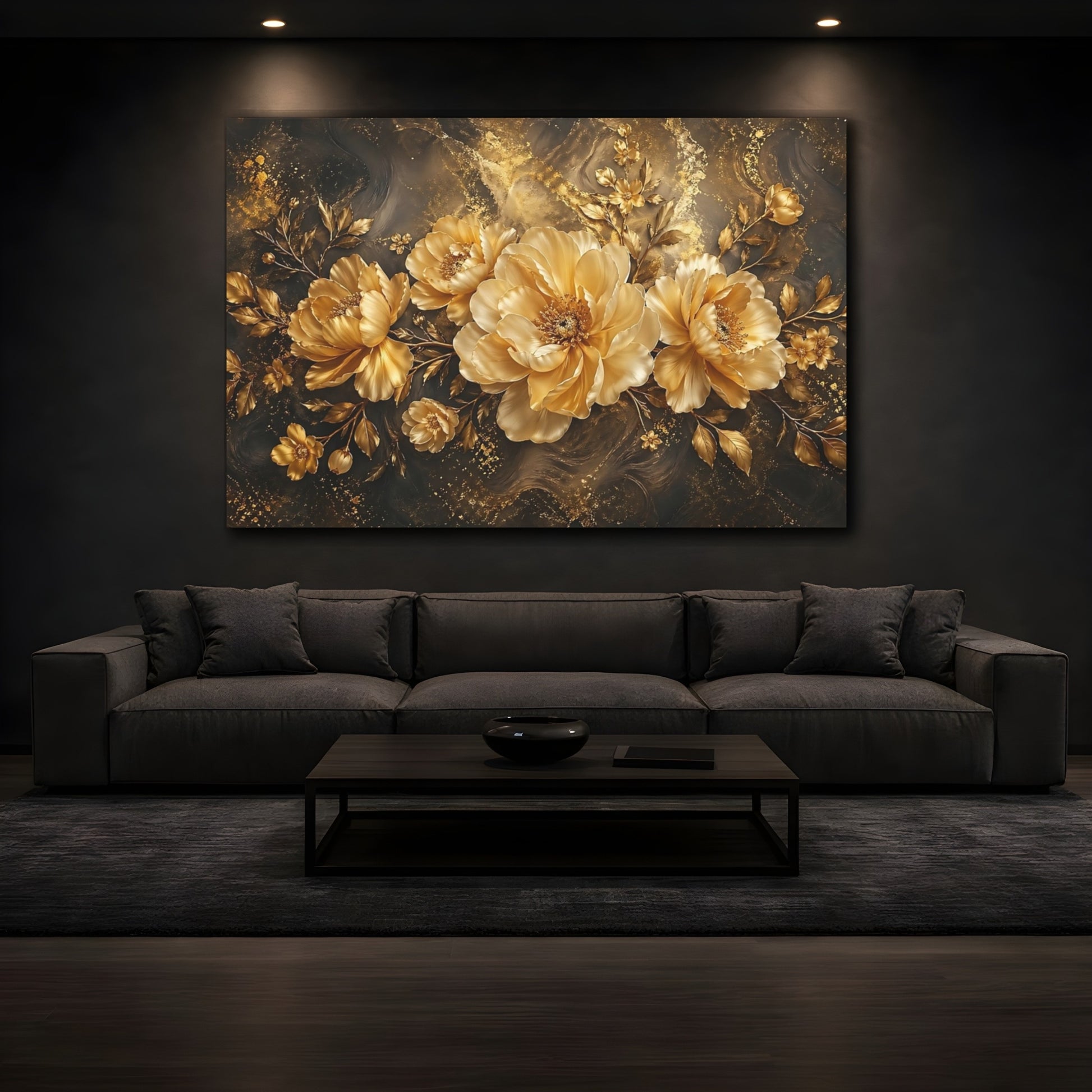 Mockup 3. Floral Gold Peonies Gold And Black shown as stretched canvas wall art