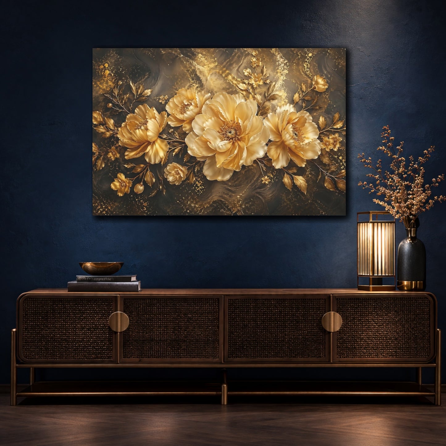 Mockup 4. Floral Gold Peonies Gold And Black shown as stretched canvas wall art