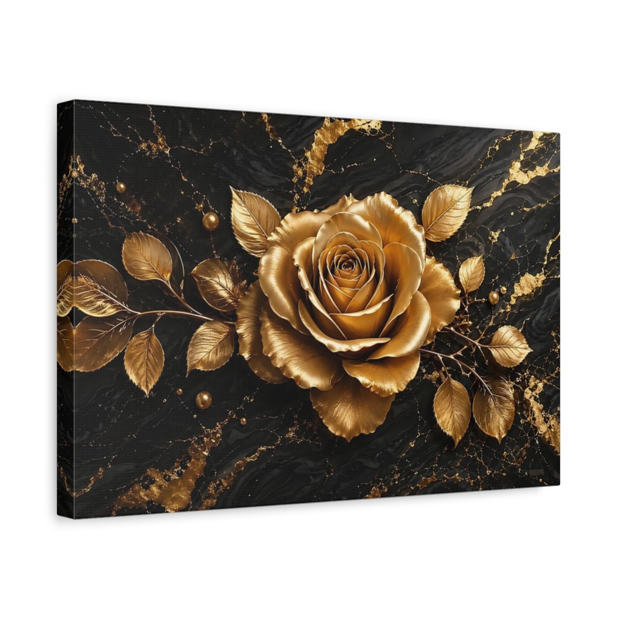 Floral Gold Rose And Black Canvas Print – Living Room, Above Console Table - YesArtYes