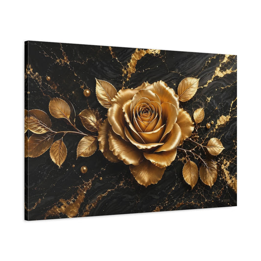 Main Mockup. Floral Gold Rose Gold And Black shown as stretched canvas wall art