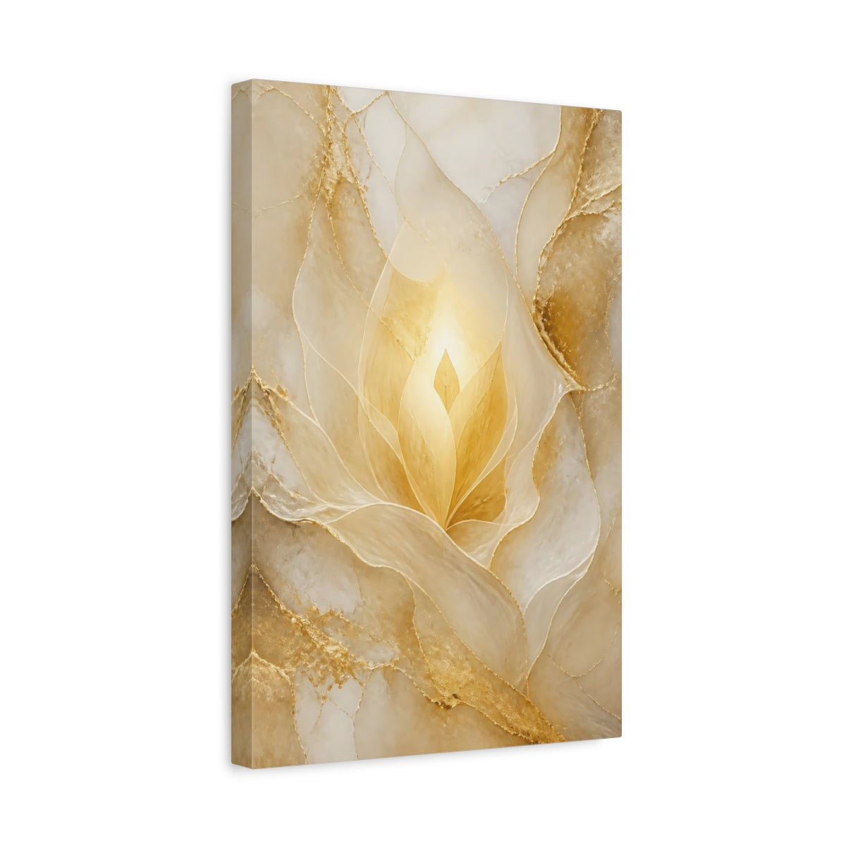 Side Mockup 4. Floral Golden Bloom Gold And White shown as stretched canvas wall art