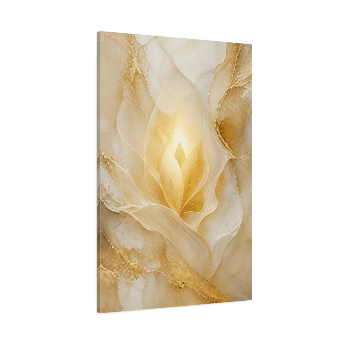 Side Mockup 1. Floral Golden Bloom Gold And White shown as stretched canvas wall art