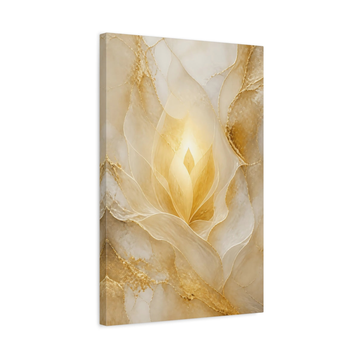 Side Mockup 3. Floral Golden Bloom Gold And White shown as stretched canvas wall art