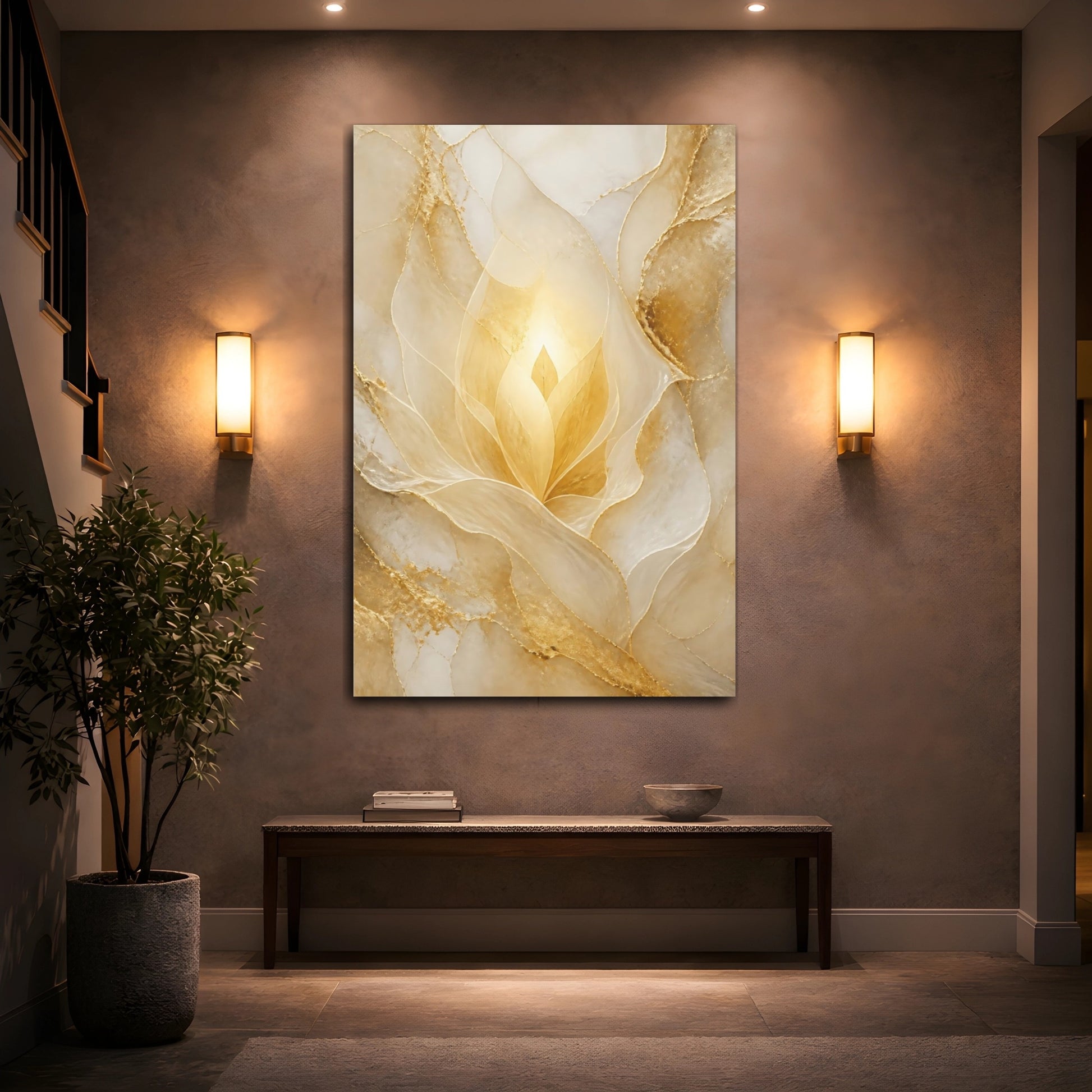 Mockup 2. Floral Golden Bloom Gold And White shown as stretched canvas wall art