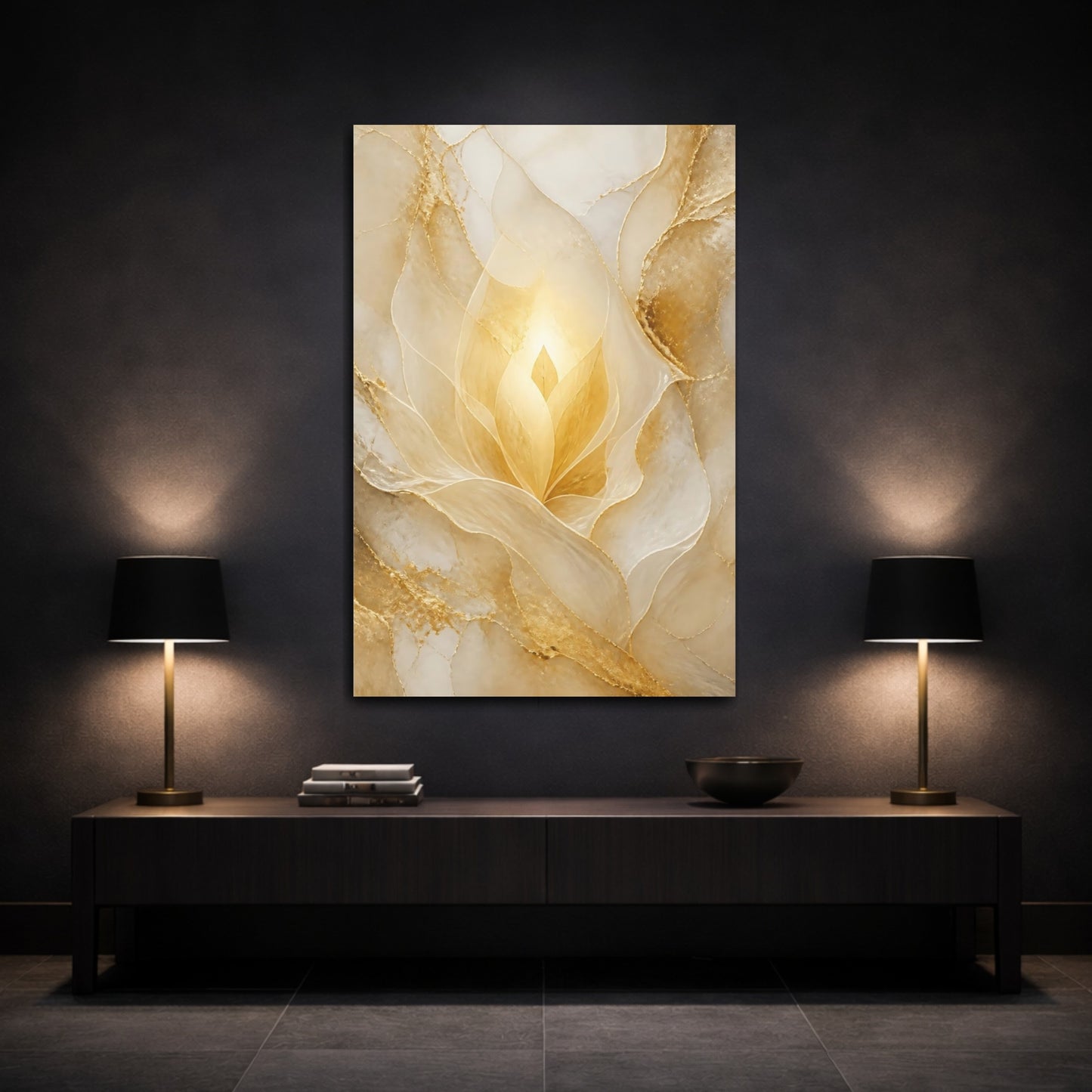Mockup 3. Floral Golden Bloom Gold And White shown as stretched canvas wall art