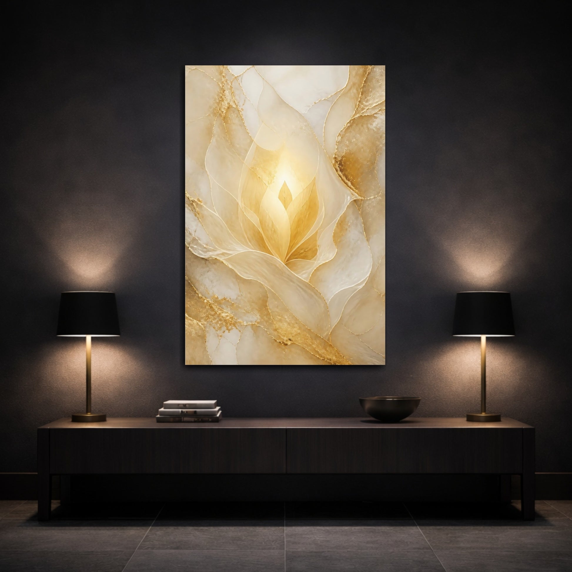 Mockup 3. Floral Golden Bloom Gold And White shown as stretched canvas wall art