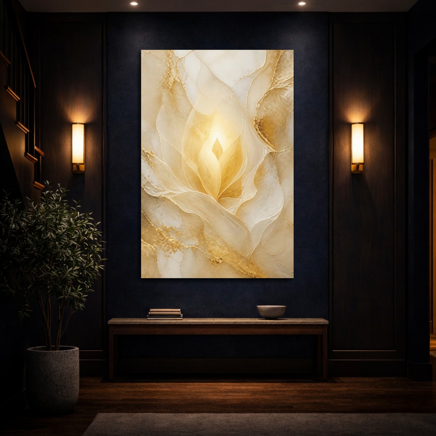 Mockup 4. Floral Golden Bloom Gold And White shown as stretched canvas wall art