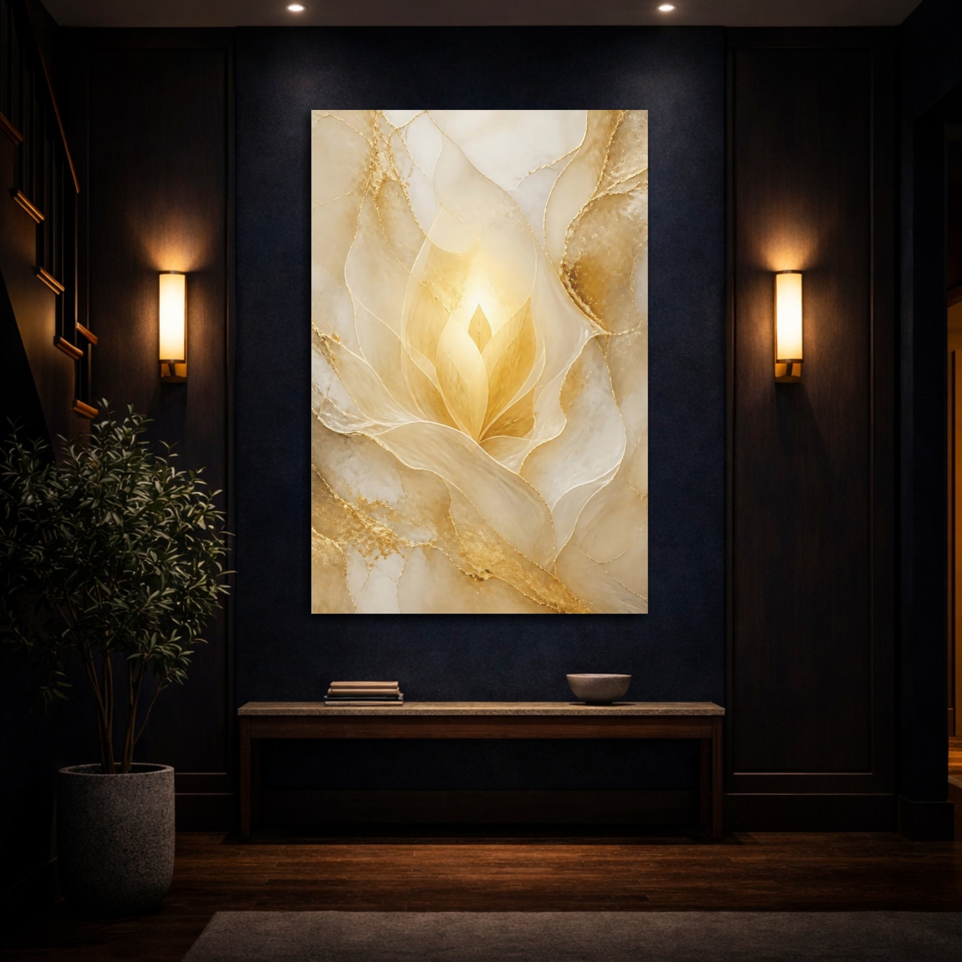 Mockup 4. Floral Golden Bloom Gold And White shown as stretched canvas wall art