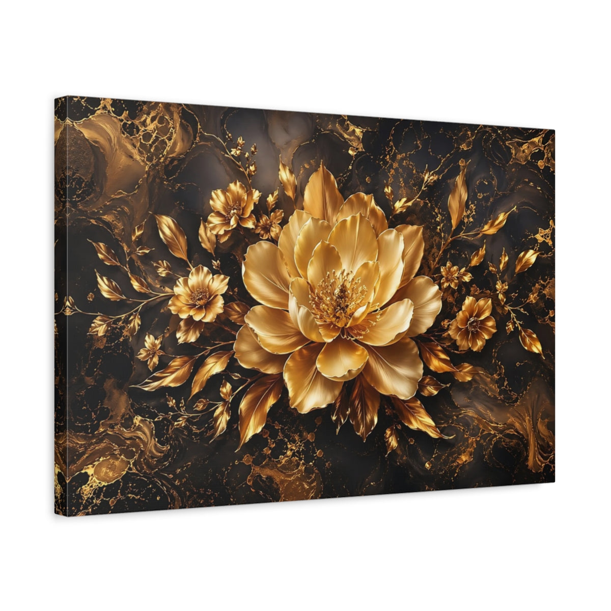 Side Mockup 3. Floral Golden Flower Black And Gold Floral shown as stretched canvas wall art