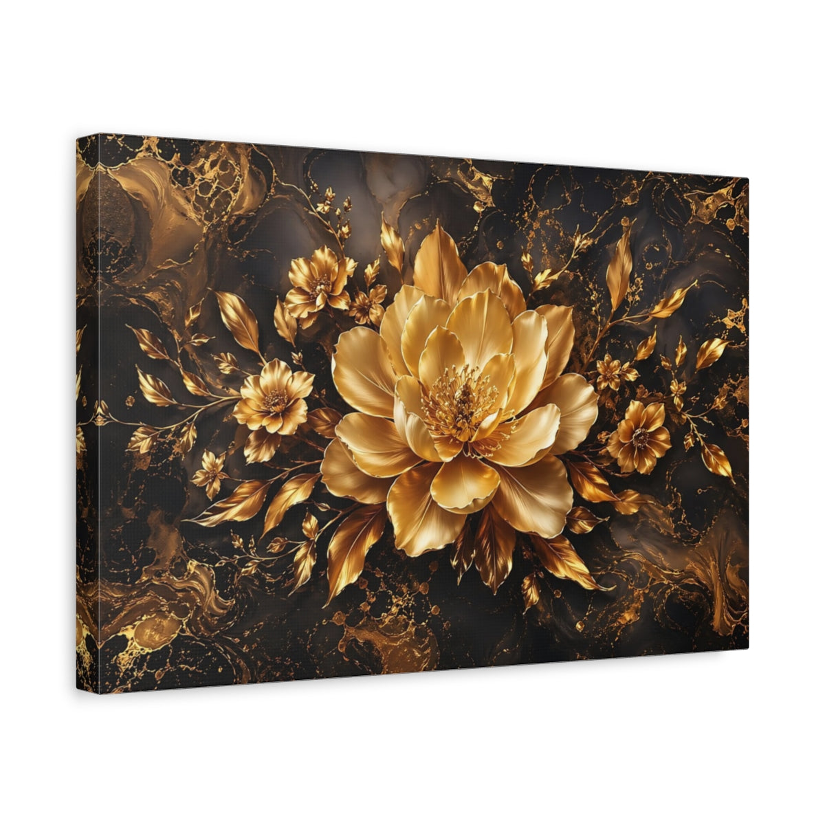 Side Mockup 4. Floral Golden Flower Black And Gold Floral shown as stretched canvas wall art