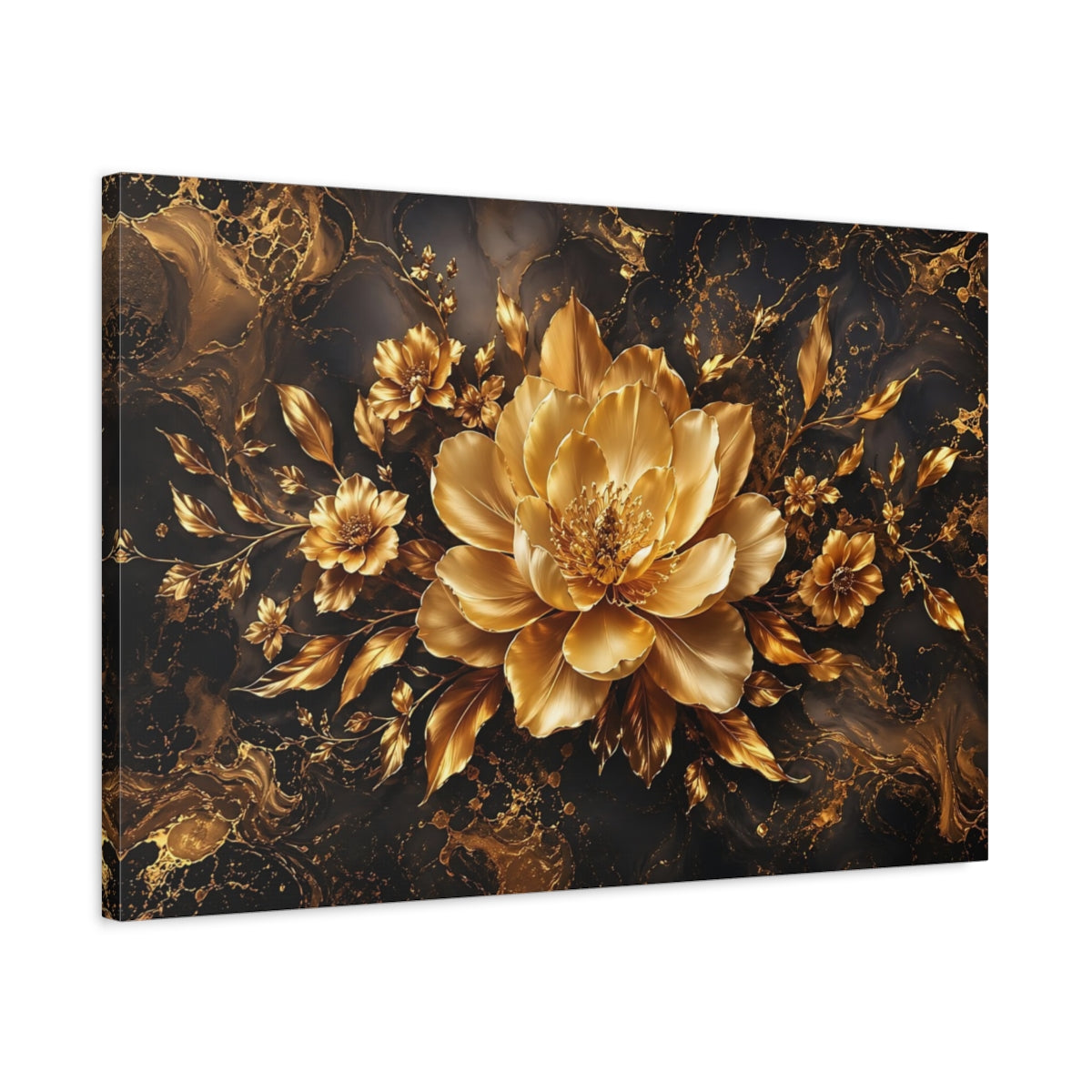 Side Mockup 2. Floral Golden Flower Black And Gold Floral shown as stretched canvas wall art