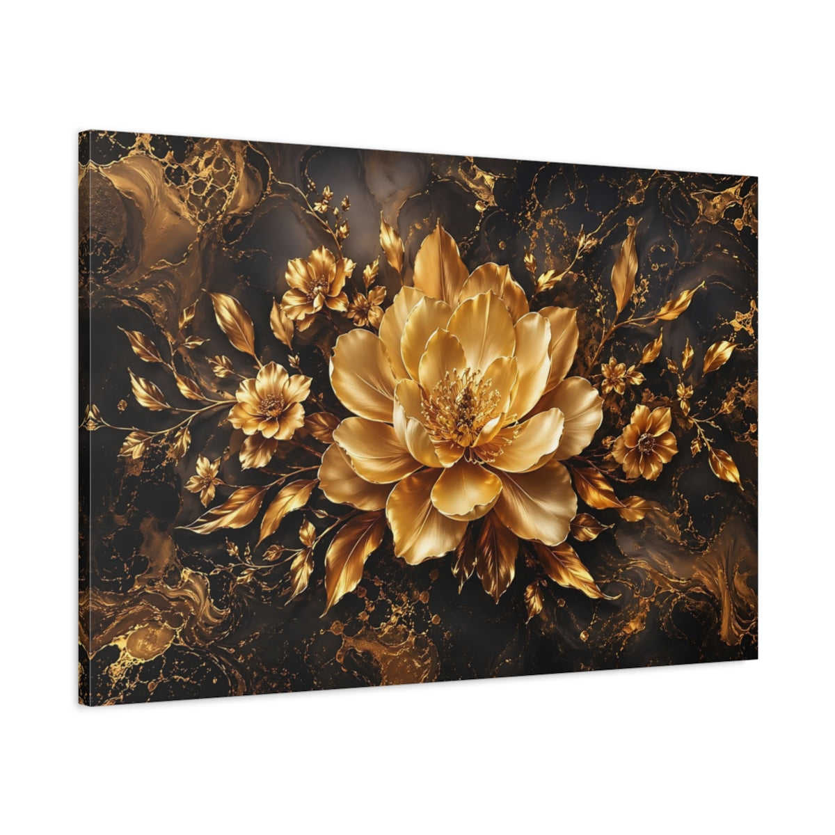 Main Mockup. Floral Golden Flower Black And Gold Floral shown as stretched canvas wall art