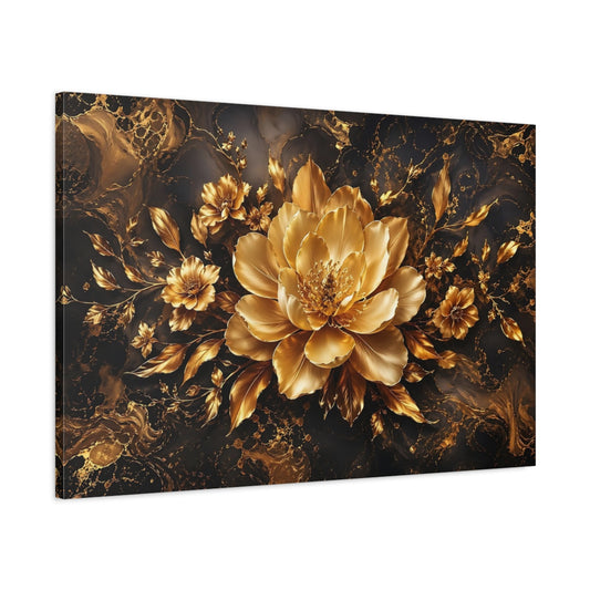 Main Mockup. Floral Golden Flower Black And Gold Floral shown as stretched canvas wall art