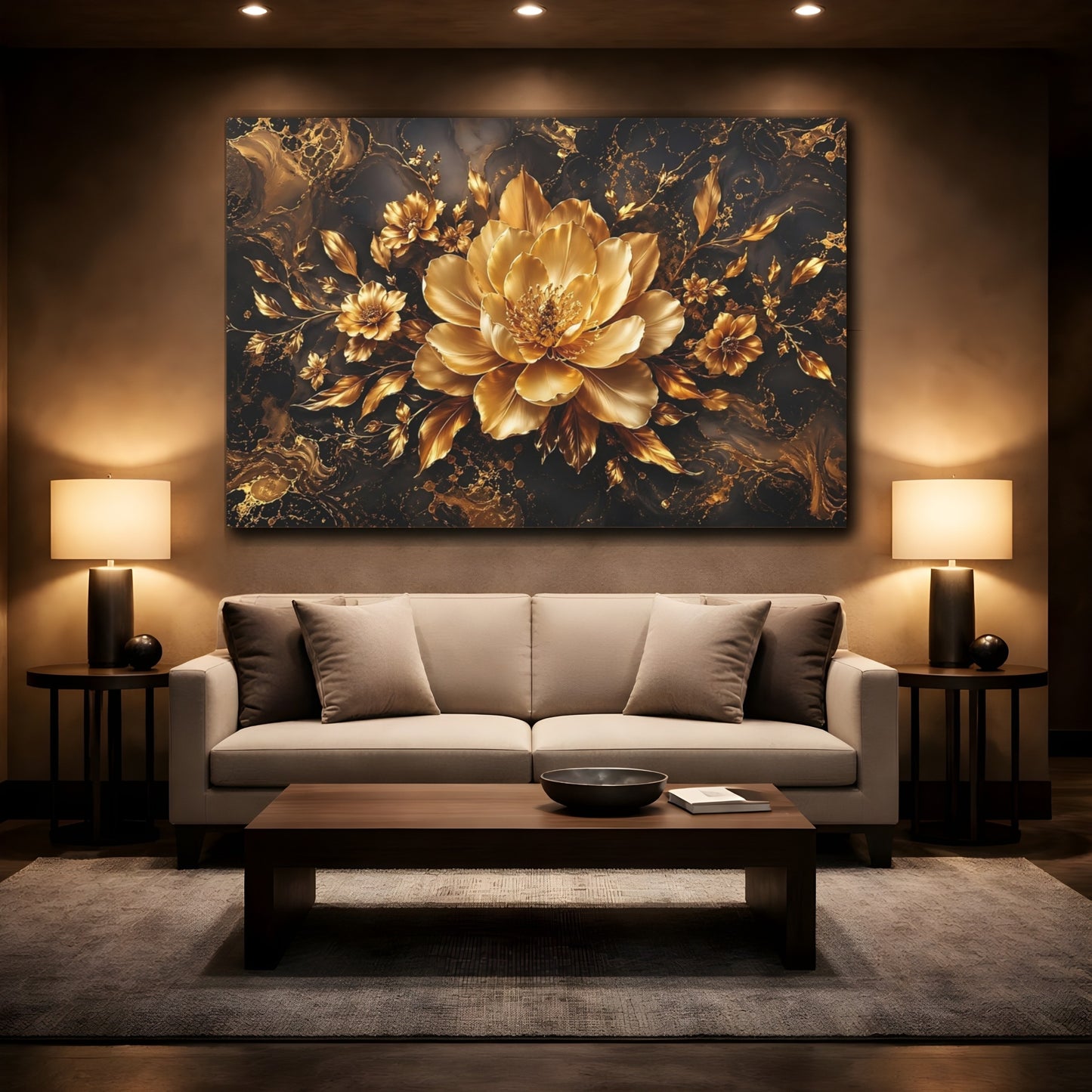 Mockup 2. Floral Golden Flower Black And Gold Floral shown as stretched canvas wall art