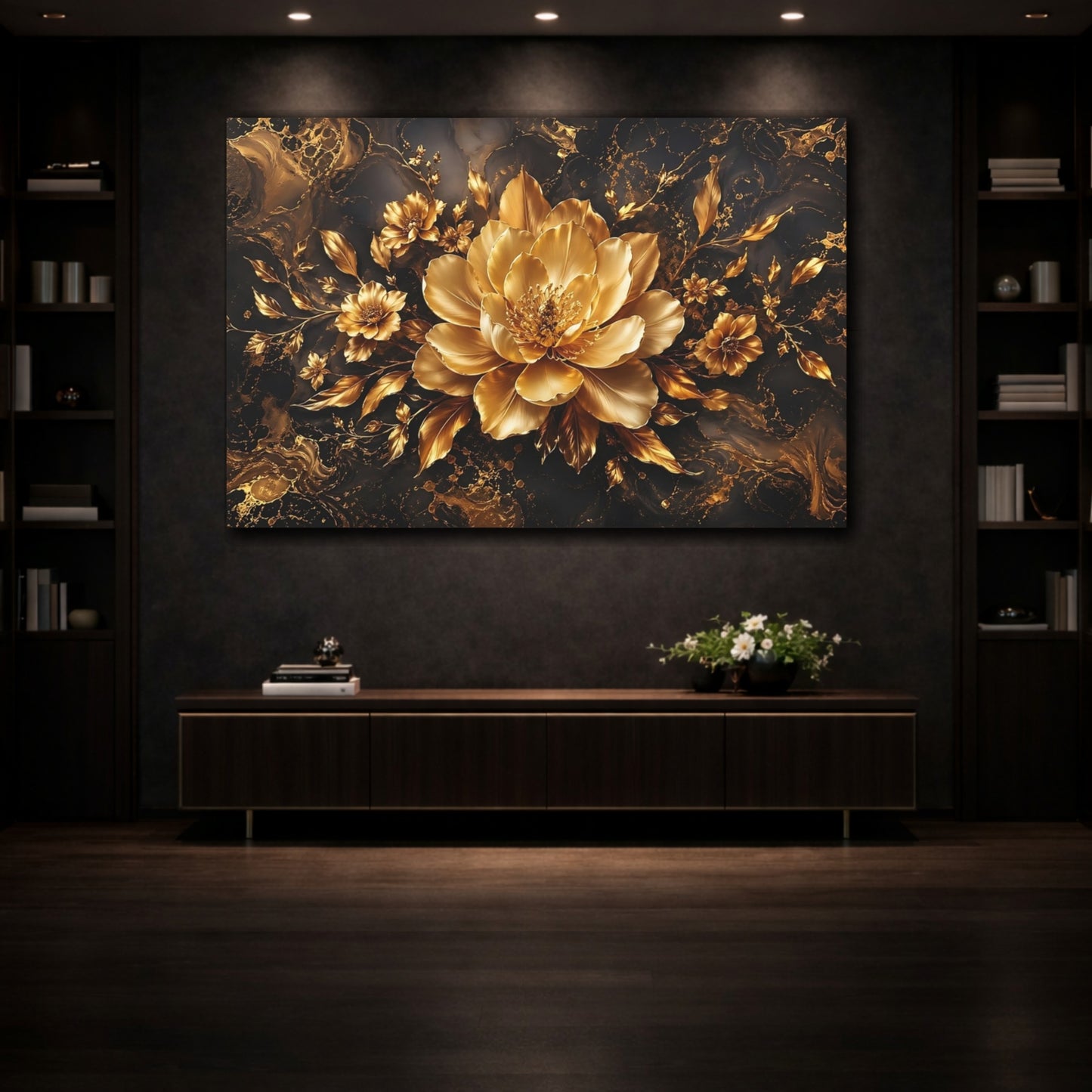 Mockup 3. Floral Golden Flower Black And Gold Floral shown as stretched canvas wall art