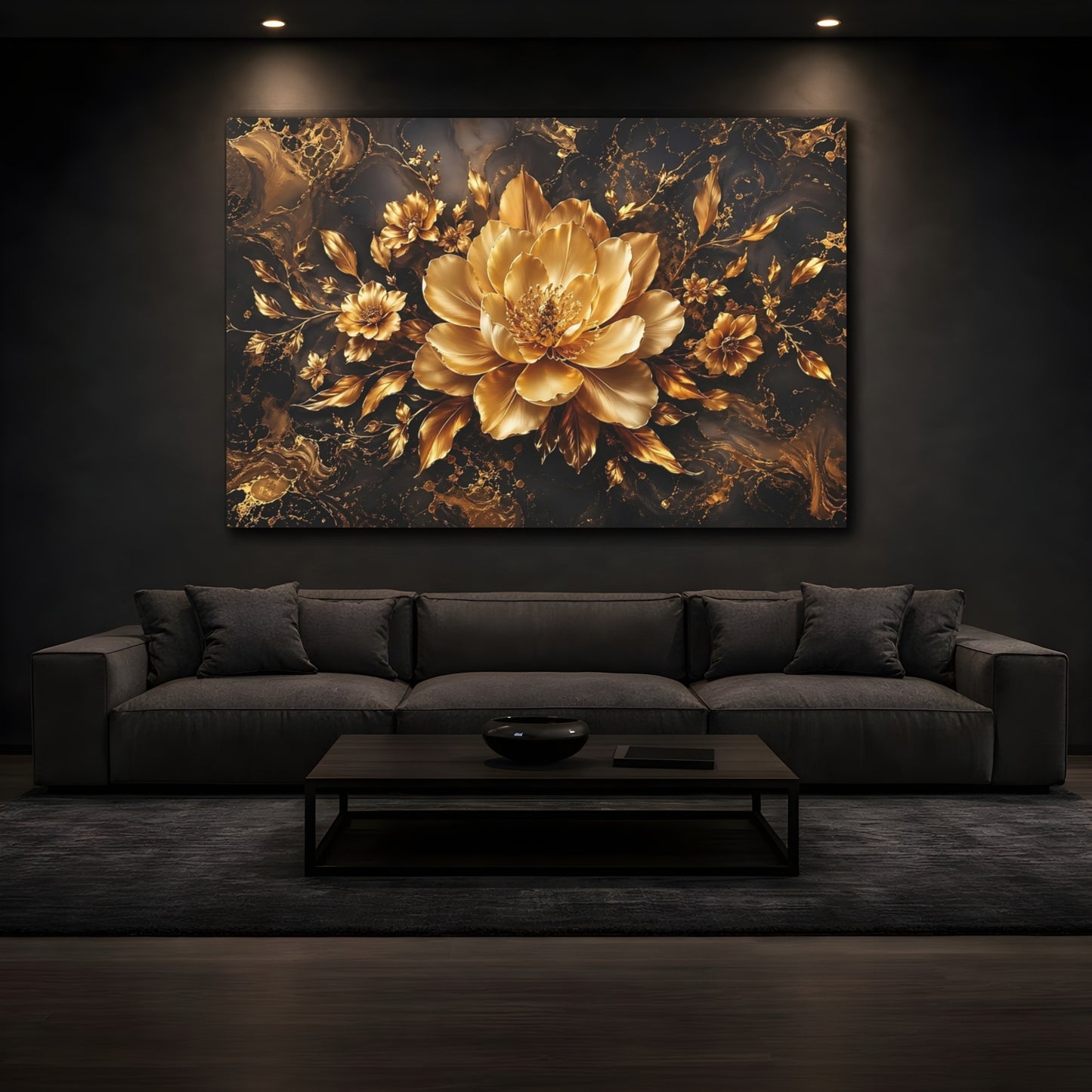 Mockup 4. Floral Golden Flower Black And Gold Floral shown as stretched canvas wall art