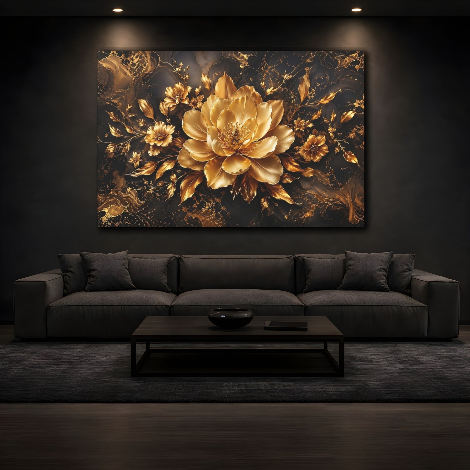 Mockup 4. Floral Golden Flower Black And Gold Floral shown as stretched canvas wall art